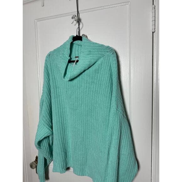 Free People Teal Blue Chunky Oversized Baggy Slouchy Turtleneck Sweater Medium - Picture 3 of 8
